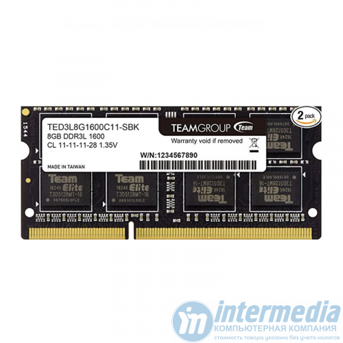 Оперативная память SODIMM DDR3 8GB PC3L 1600MHz 16x512 1.35V for notebook TEAM