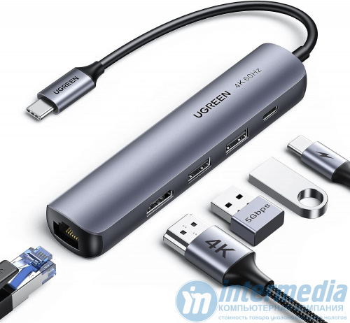 Мобильный активный OTG-хаб UGREEN CM418 USB-C to 2*USB 3.0+HDMI+RJ45 Ethernet Adapter+PD