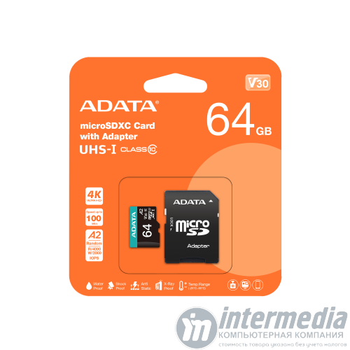 Карта памяти micro Secure Digital Card (Trans Flash) 64GB HC10 U3 V30S Adata AUSDX64GUI3V30SA2 + SD adapter