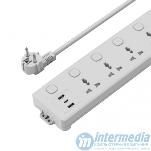 Удлинитель XO WL19 (EU) long row 5AC jack USB-A 1USB-C with independent switch (White)