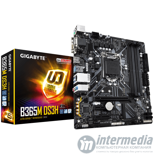 Материнская плата Gigabyte B365M DS3H LGA1151, B365, 4xDDR4, 1xPCI-Ex16 4.0, 1xPCI-Ex1 3.0, 6xSATA 6Gb/s, 1xM2, GLAN, 2xUSB 2.0, 4xUSB 3.1 Gen1, 1xPS/2, DVI, D-Sub, HDMI , microATX