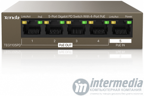 Коммутатор Tenda TEG1105PD 4-port PoE OUT 10/100/1000Mbps + 1-port PoE IN 10/100/1000Mbps