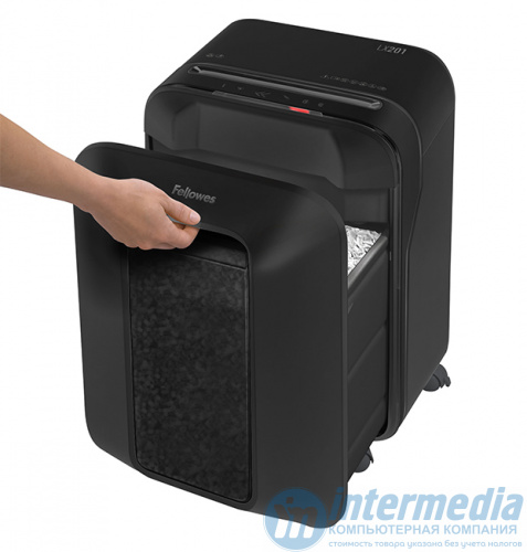 Шредер Fellowes POWERSHRED LX201 Уровень секретности P-5, Фрагмент 2х12 мм, Подача 10(15) лист, Ёмкость корзины 22 л, Уничтожение скоб, скрепок, пл. карт, Чёрный