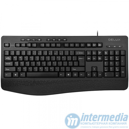 Клавиатура проводная Delux K6060U (104 станд.+8 мультим.клавиш, эргономичная, SLIM, тихий набор текста,USB) черная