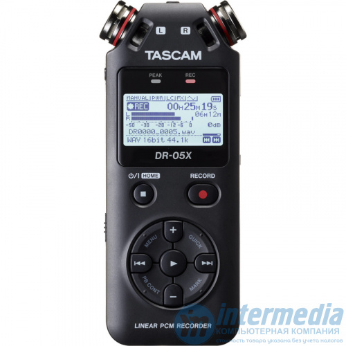 Диктофон Tascam DR-05X, Два всенаправленных конденсаторных стерео микрофона A-B, (MP3 32-320kbps/44.1-48kHz), (WAV 16-24bit/44.1-96kHz), MP3/WAV, microSD/SDHC/SDXC, Line In, Line Out, microUSB, Black