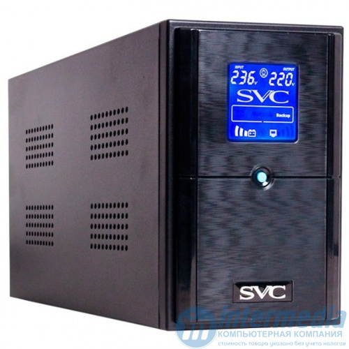 ИБП SVC V-1200-L-LCD, Диапазон работы AVR: 145-290В, Бат.: 12В/7 Ач*2шт., 3 вых.: Shuko CEE7., Чёрный