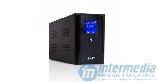 ИБП SVC V-1500-L-LCD, Мощность: 1500ВА/900Вт, Диапазон работы AVR: 145-290В, Бат.: 12В/9 Ач*2шт., 3 вых.: Shuko CEE7, Чёрный