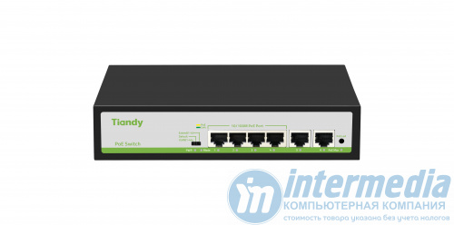 Коммутатор TIANDY TC-P3S06 Spec:F/0420/AT/55  4x10/100Mbps PoE,2x100Mbpc,PoE budget:55W Metal